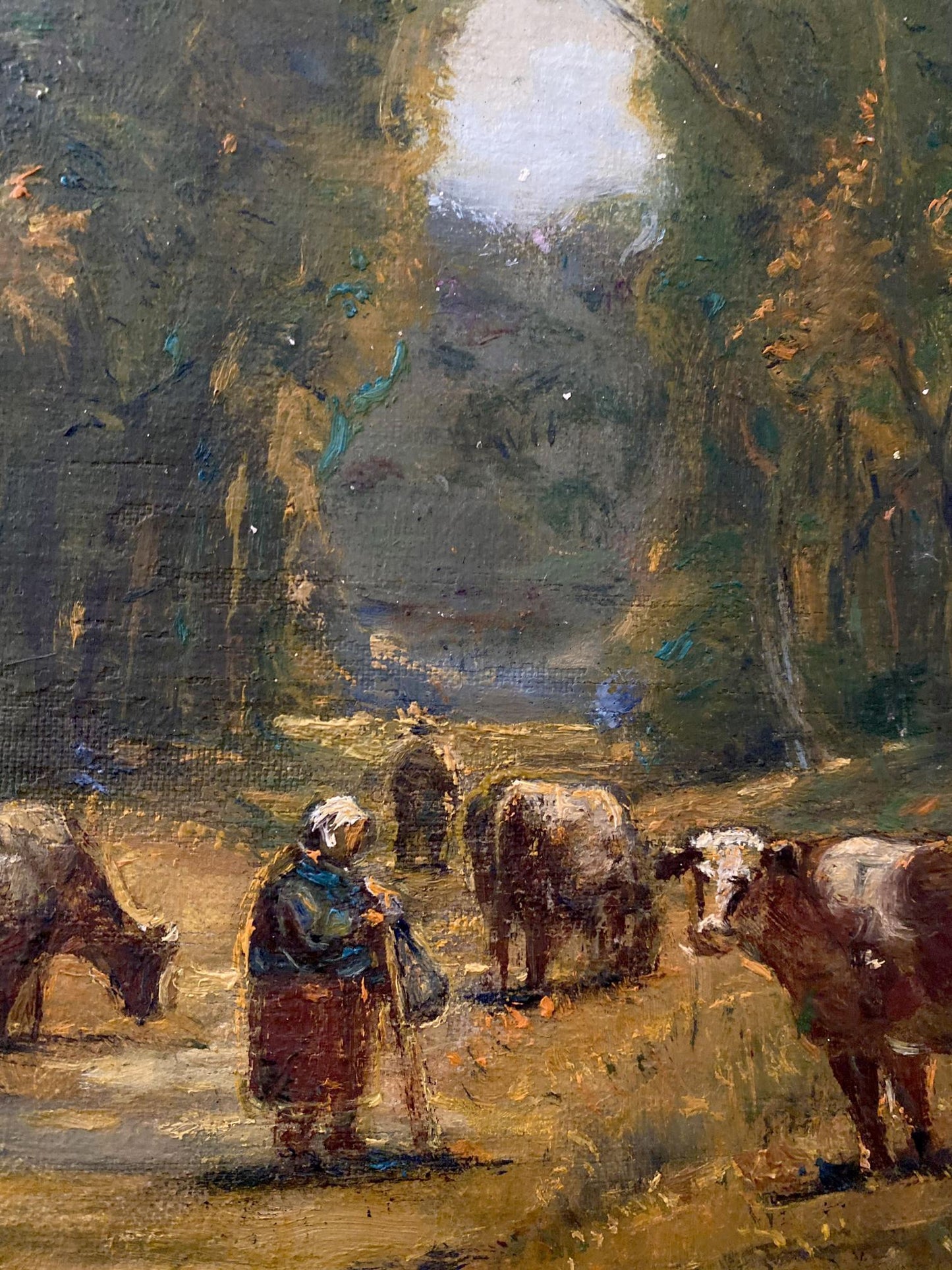 Rustic oil painting by Litvinov Oleg Arkad’yevich: woman with cows on sunlit path