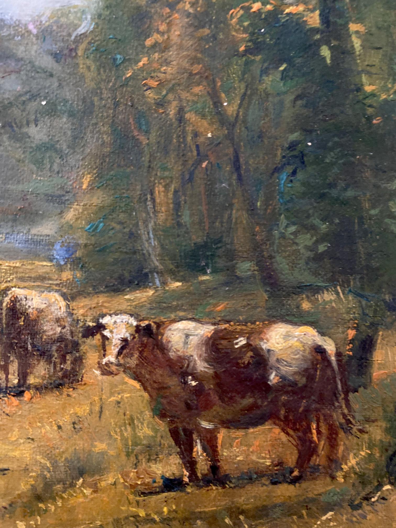 Rustic oil painting by Litvinov Oleg Arkad’yevich: brown and white cow in sunlit field