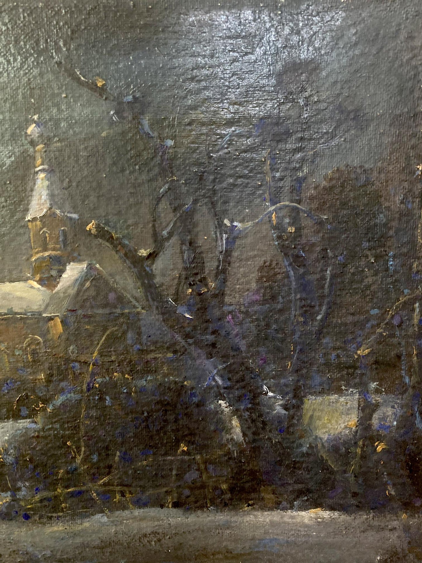 Oil painting Christmas night by Litvinov Oleg Arkad’yevich, dark winter church scene