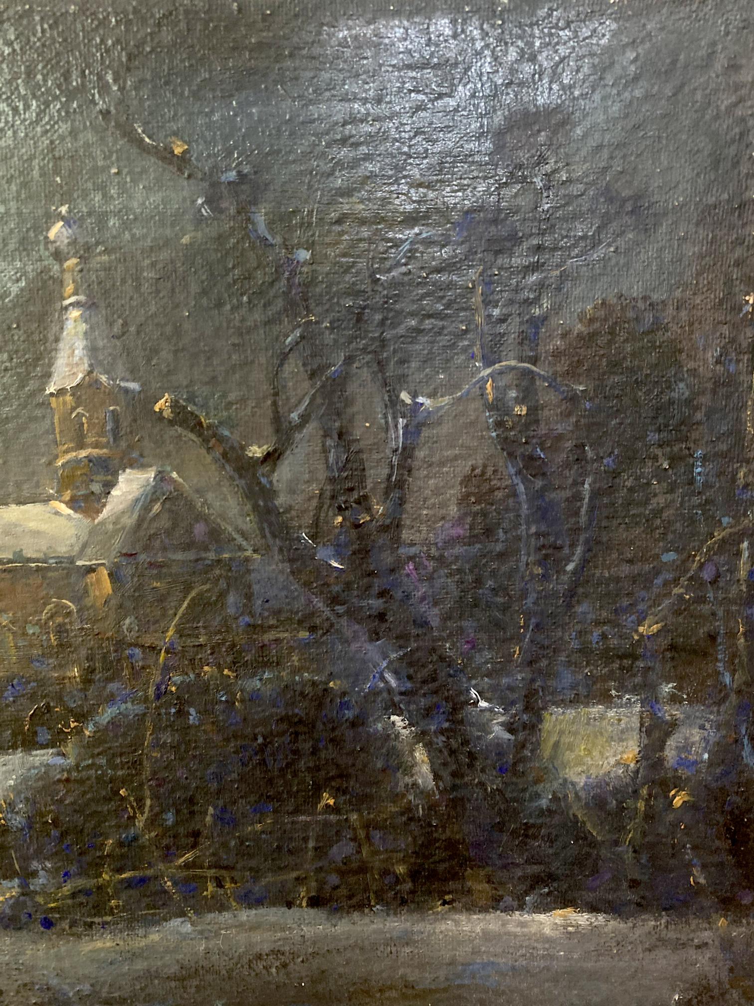 Oil painting Christmas night by Litvinov Oleg Arkad’yevich, dark winter church scene