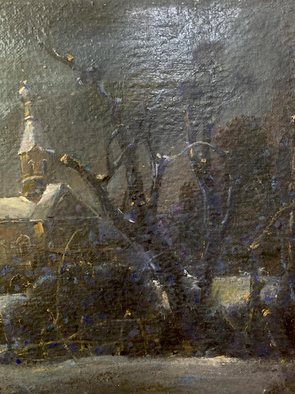 Oil painting Christmas night by Litvinov Oleg Arkad’yevich, dark winter church scene