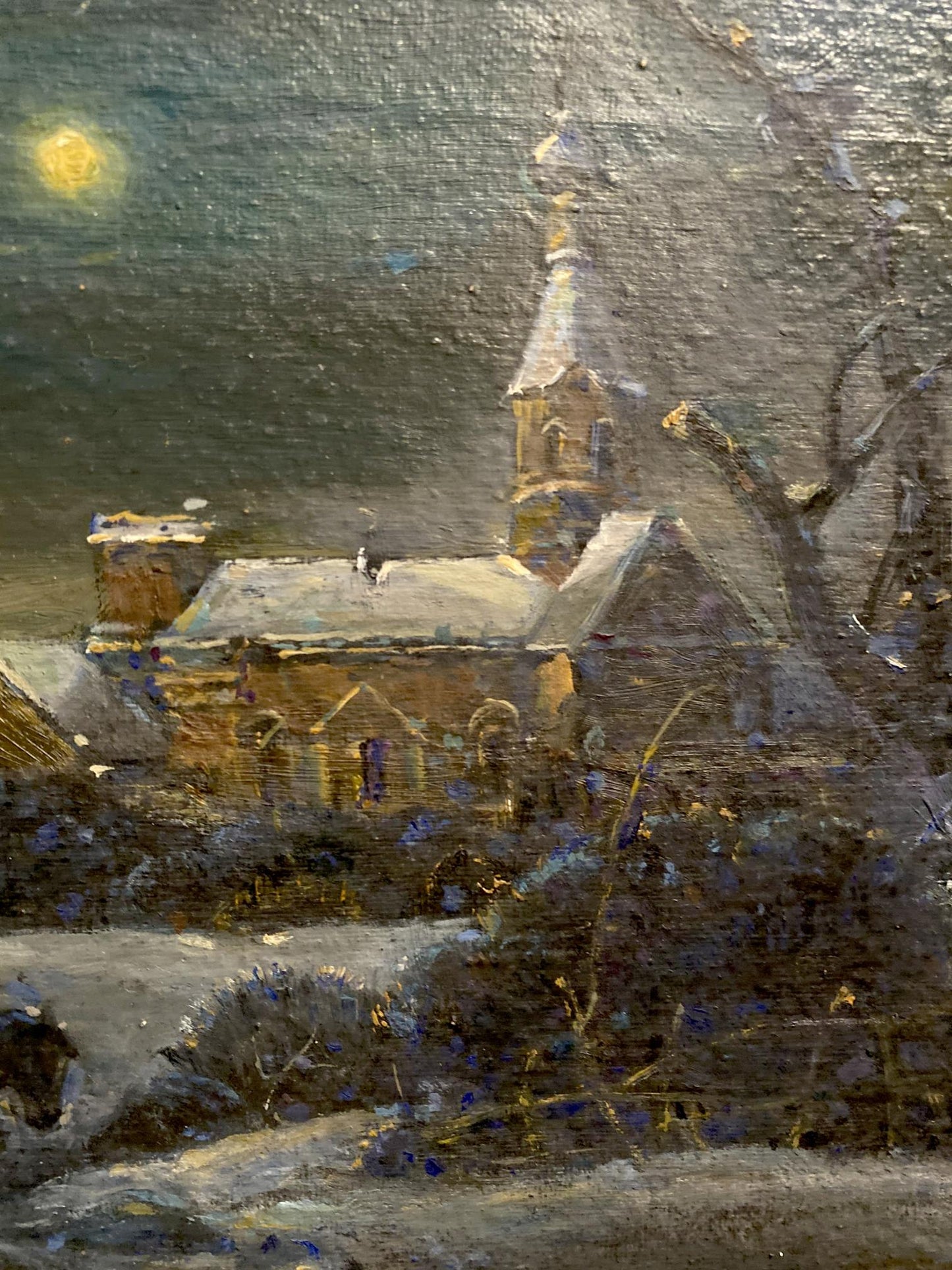 Oil painting by Litvinov Oleg Arkad’yevich: snow-covered church under moonlit sky