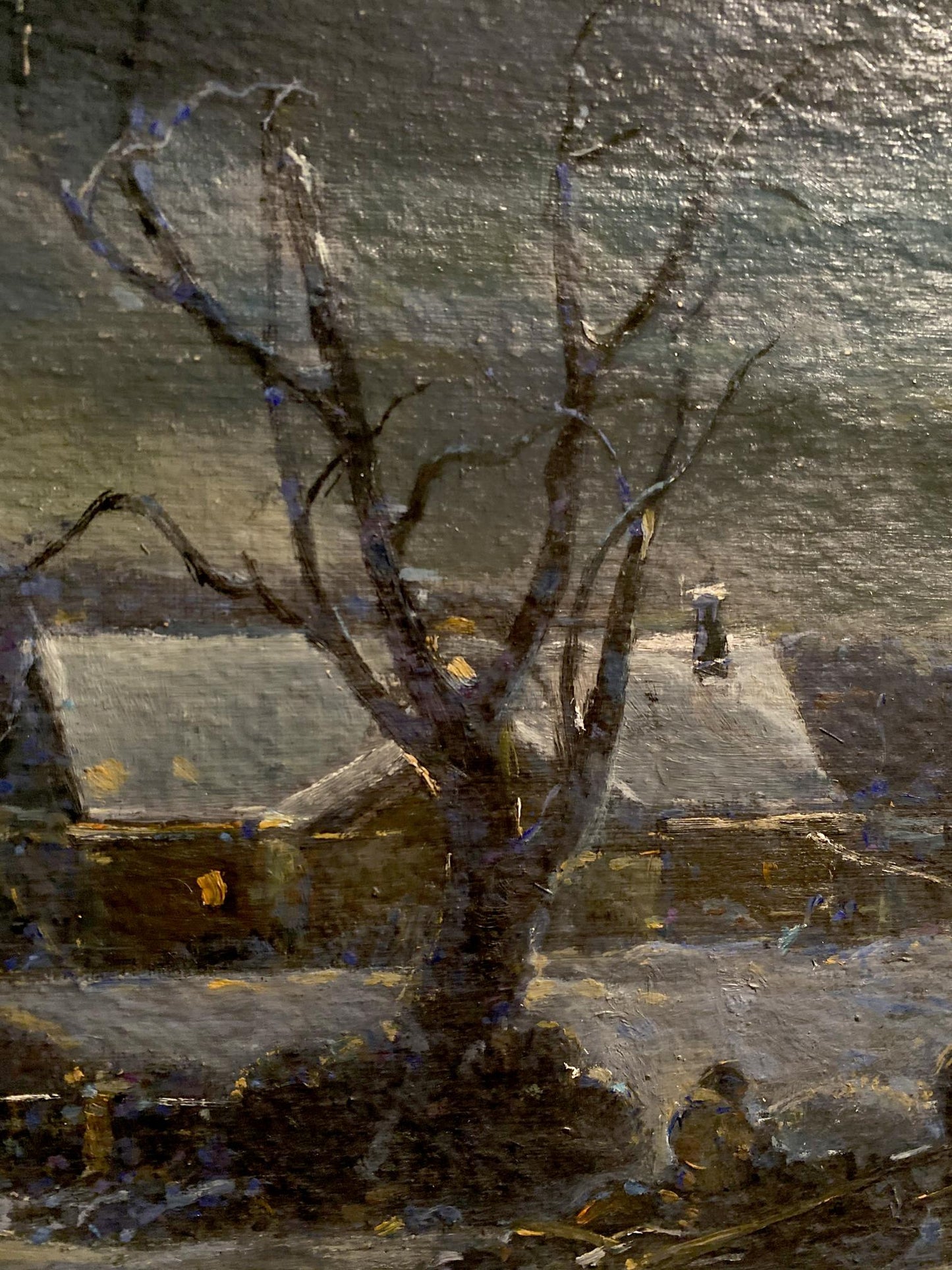 Oil painting Christmas night by Litvinov Oleg Arkad’yevich, textured tree in snow