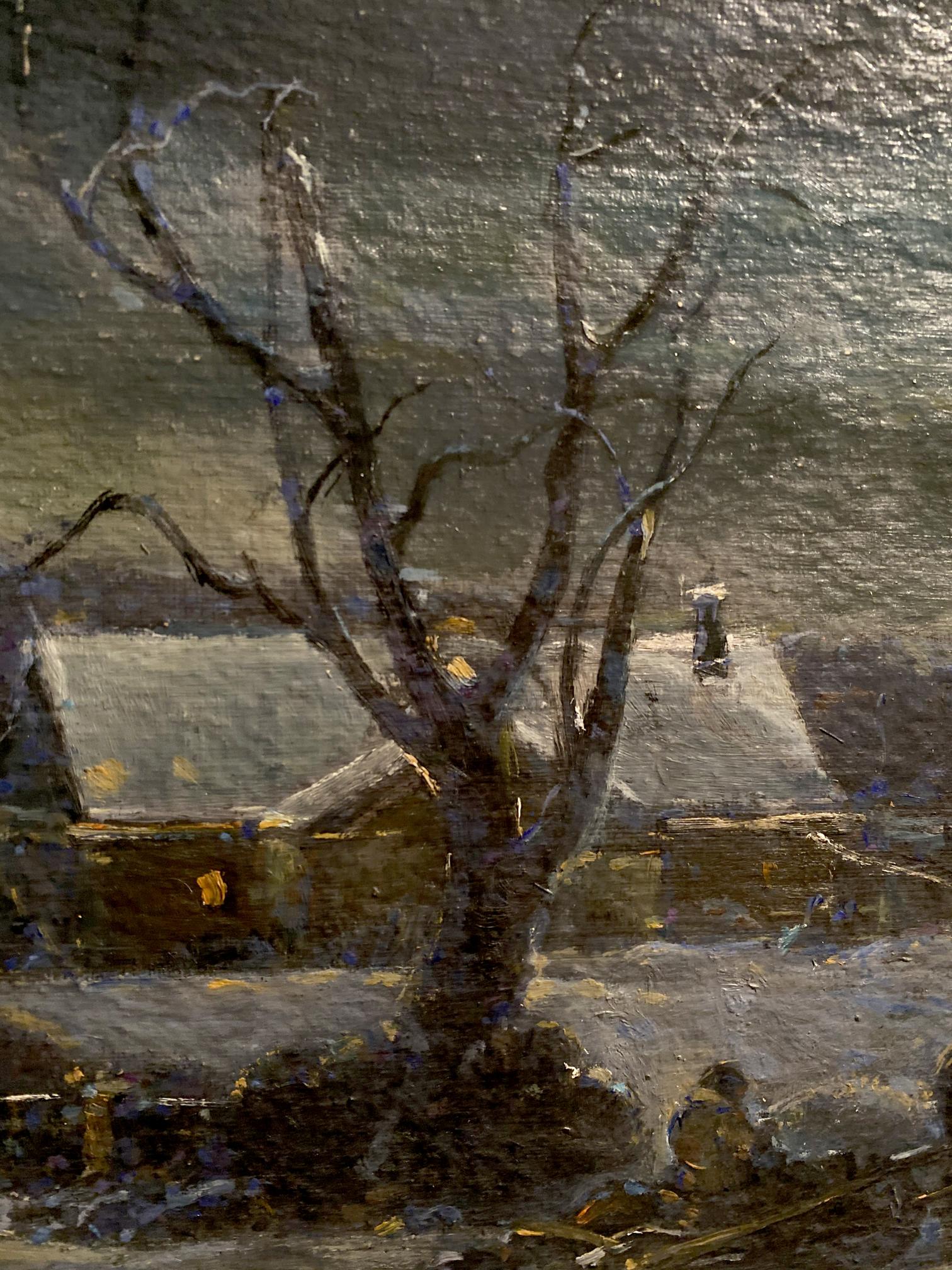 Oil painting Christmas night by Litvinov Oleg Arkad’yevich, textured tree in snow