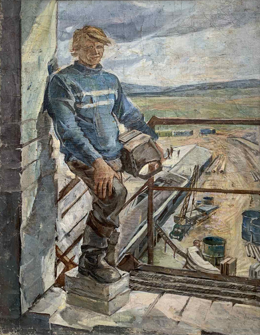Oil painting by Valentina Vladimirovna Ivanova of man with toolbox