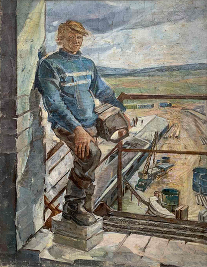 Oil painting by Valentina Vladimirovna Ivanova of man with toolbox