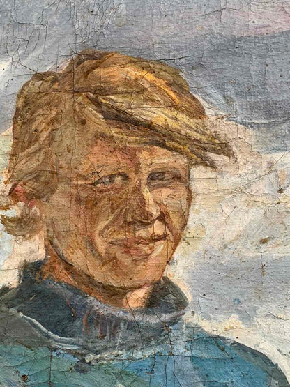 Weathered oil painting portrait of smiling man by Welder Ivanova Valentina Vladimirovna