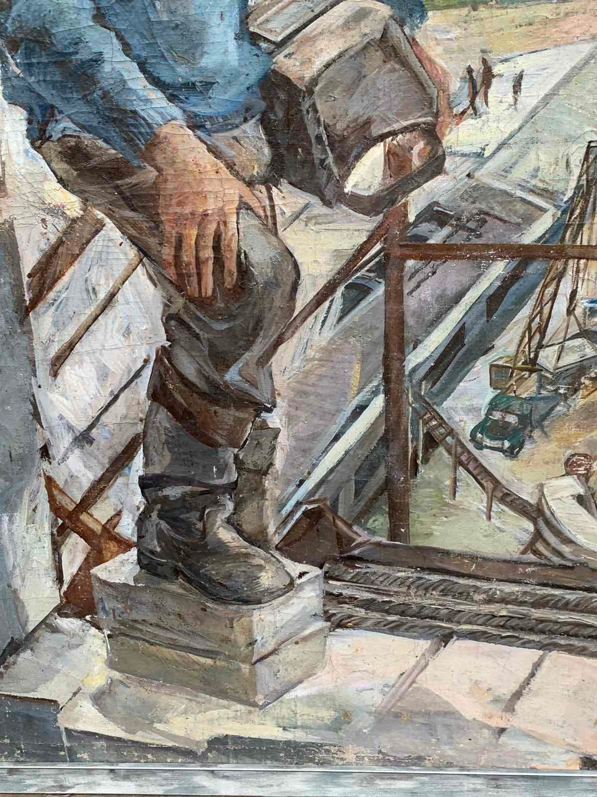Oil painting of Welder Ivanova Valentina Vladimirovnas sturdy black boot on concrete blocks
