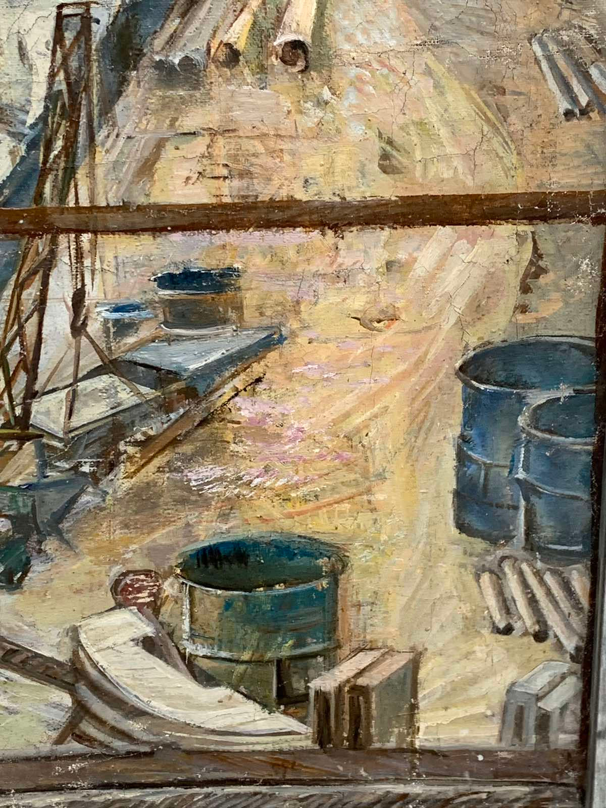 Oil painting by Welder Ivanova Valentina Vladimirovna: blue metal barrels in earth-toned industrial scene