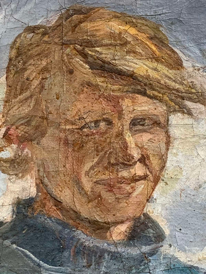 Weathered cracked portrait oil painting of welder Ivanova Valentina Vladimirovna