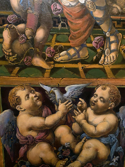Oil painting of white dove with gray wings between cherubs by Litvinov Oleg Arkad’yevich
