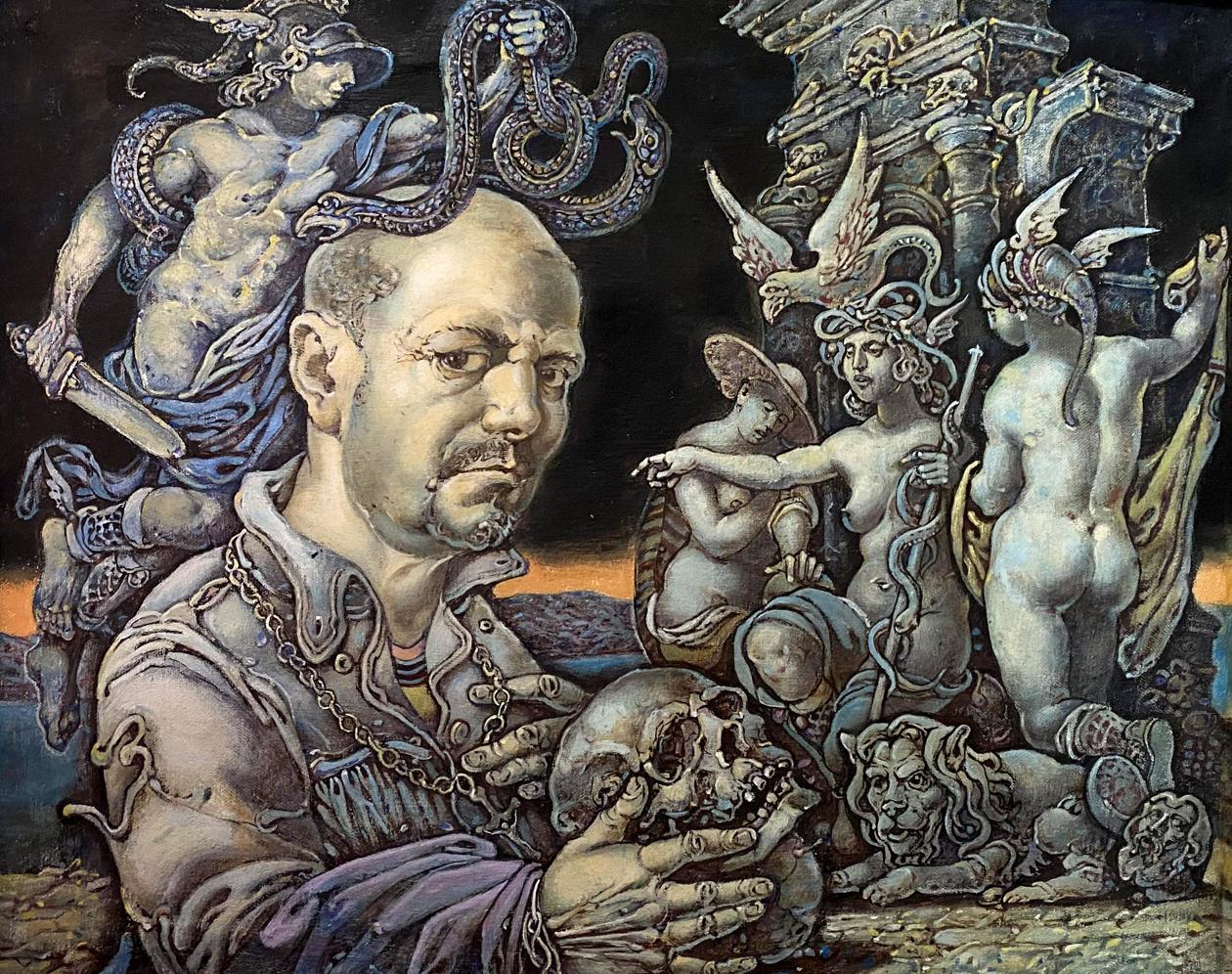 Oil painting Self-portrait in mythological style by Oleg Litvinov with skull