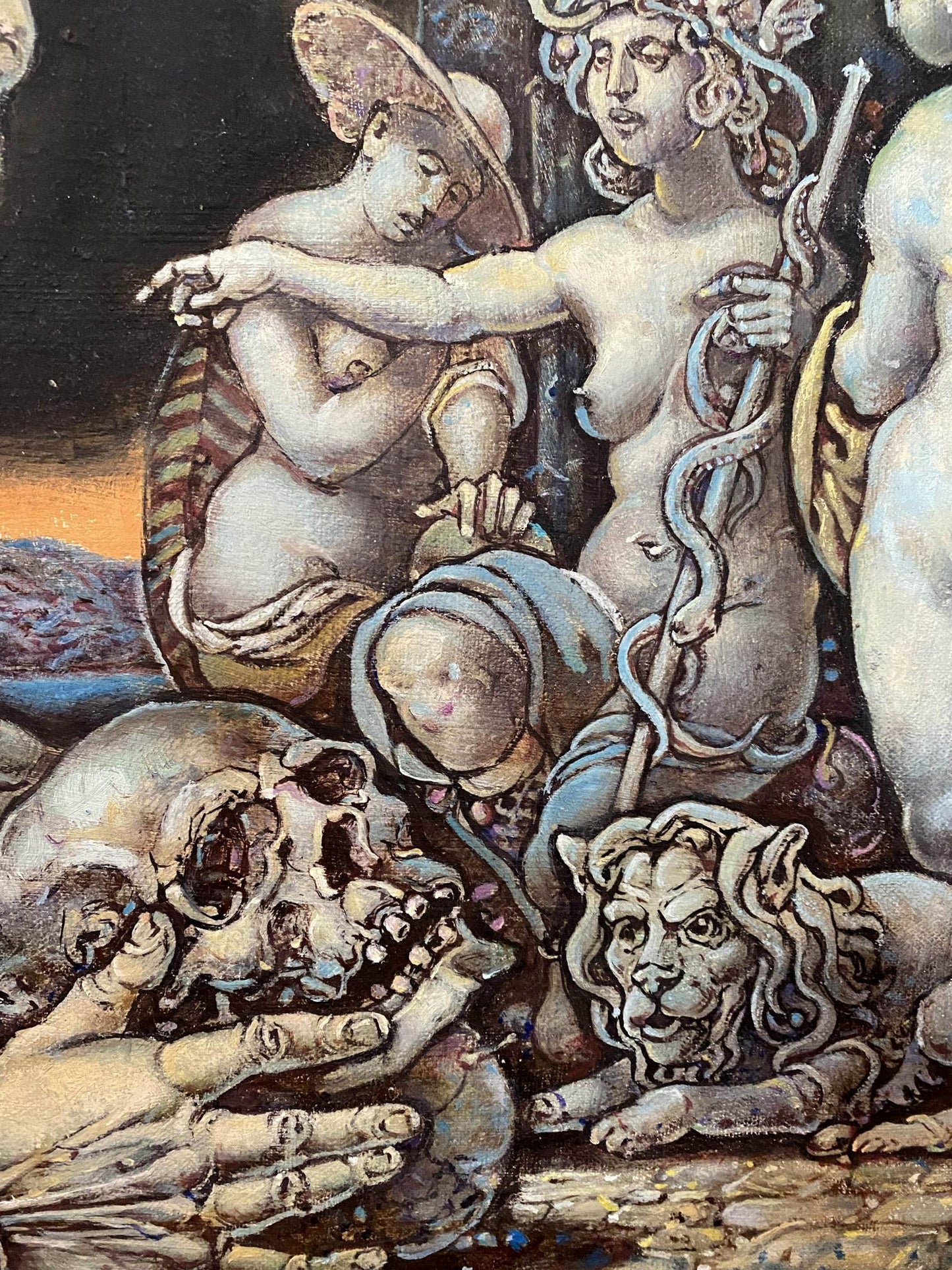 Oil painting self-portrait in mythological style by Oleg Litvinov with Medusa