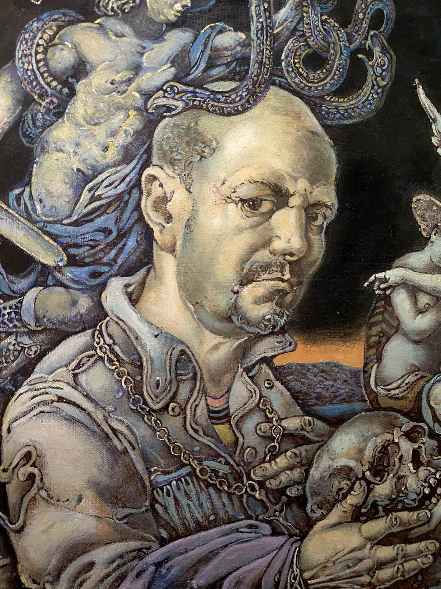 Oil painting of Oleg Litvinovs mythological self-portrait in ornate silver armor