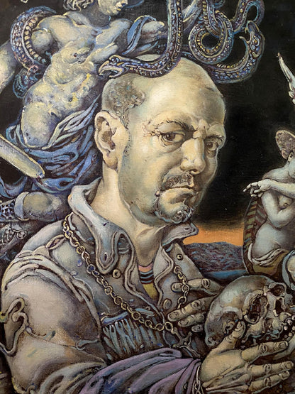 Oil painting of Oleg Litvinovs mythological self-portrait in ornate silver armor