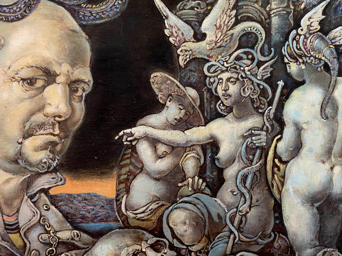 Oil painting self-portrait by Oleg Litvinov with bald man, mustache, Medusa figures