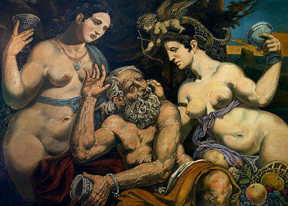 Oil painting by Litvinov Oleg Arkad’yevich: elderly man with two nude women holding vessels