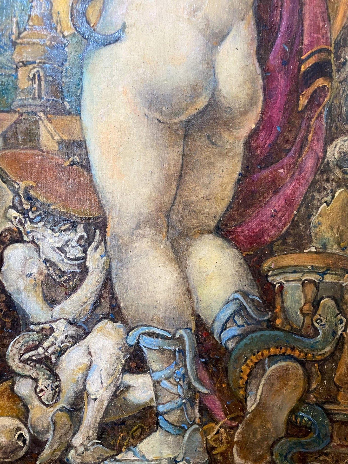 Oil painting of nude princess with muscular legs in blue sandals by Litvinov Oleg Arkadyevich