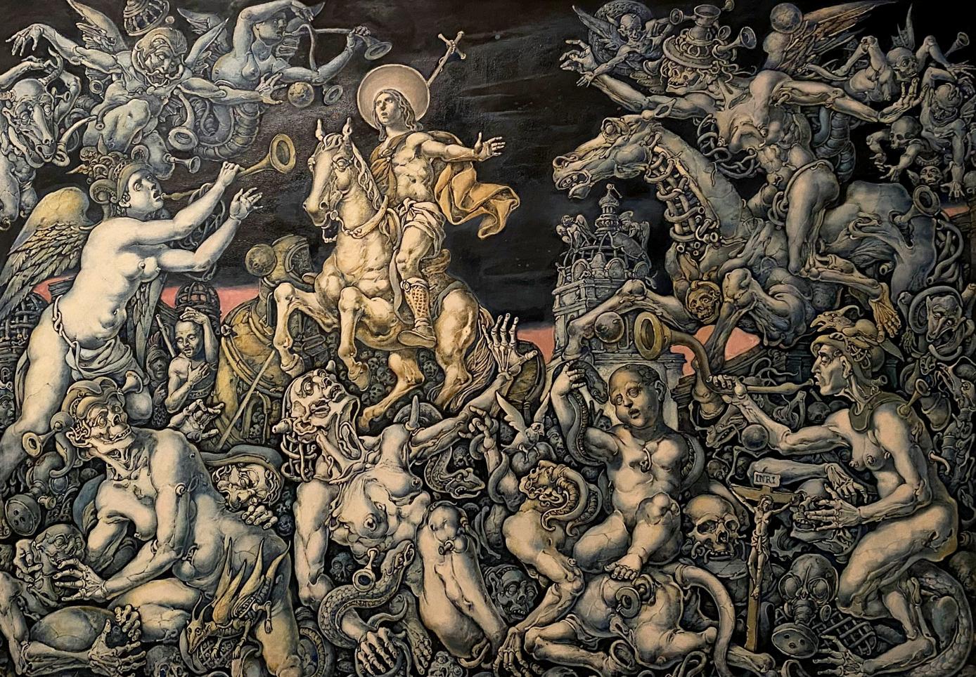 Oil painting Destruction by Oleg Litvinov: chaotic demonic figures