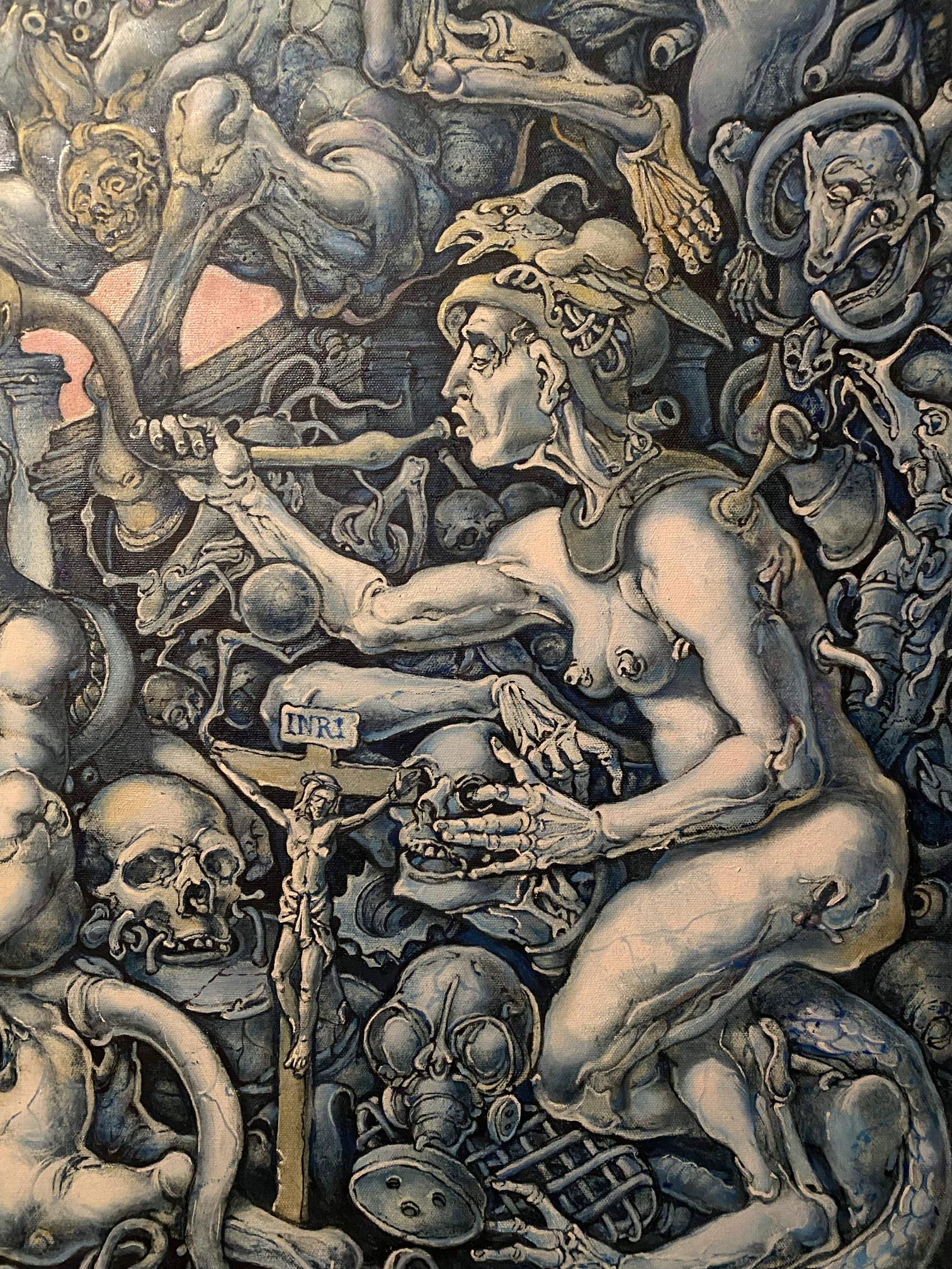 Oil painting Destruction by Oleg Litvinov: muscular armored figure in surreal chaos