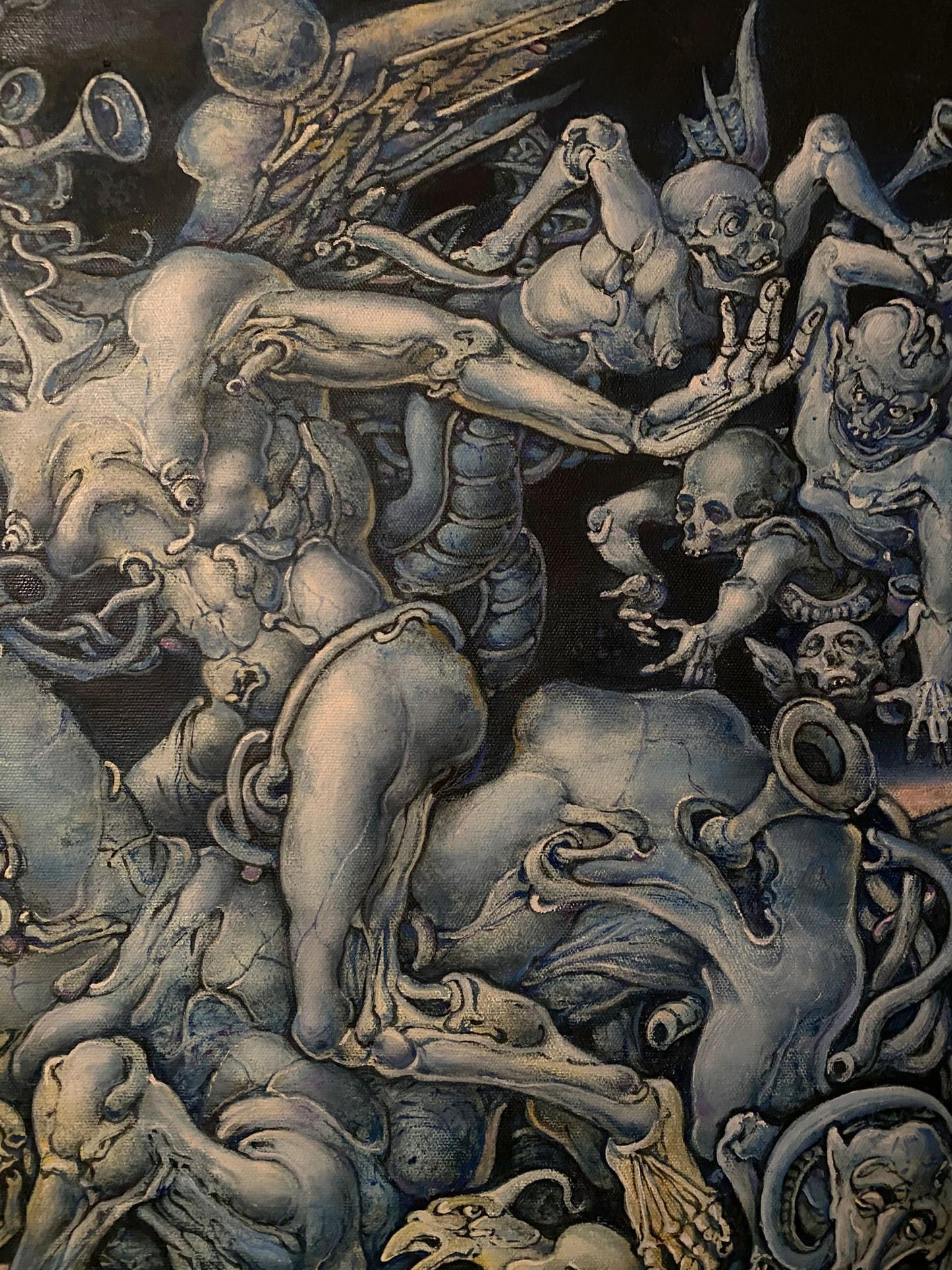 Oil painting Destruction by Oleg Litvinov: grotesque muscular demons