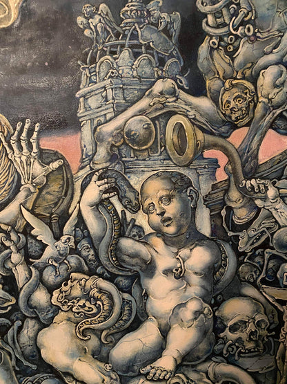 Dark surrealist oil painting Destruction by Oleg Litvinov with nude child