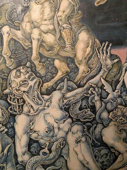 Oil painting Destruction by Oleg Litvinov: muscular horseman amid surreal creatures