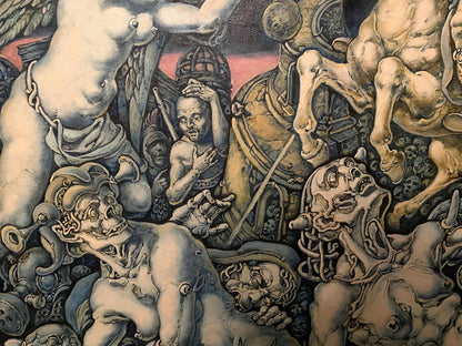 Oil painting Destruction by Oleg Litvinov: muscular figures battling demons