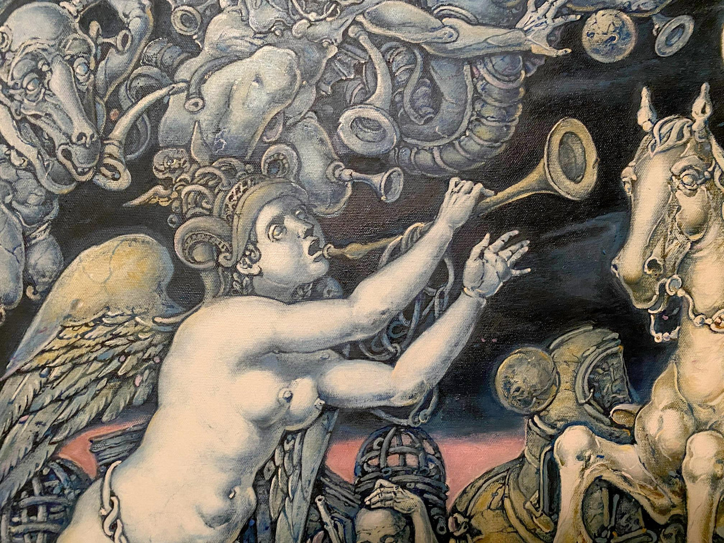 Oil painting Destruction by Oleg Litvinov: winged figure blowing horn amid surreal creatures