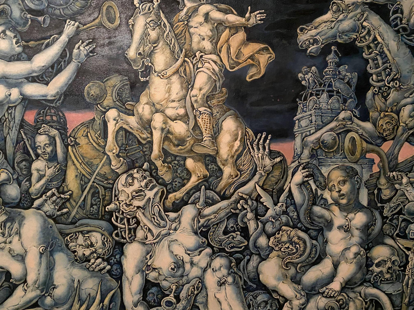 Oil painting Destruction by Oleg Litvinov: muscular figure on horse amid surreal grotesque figures