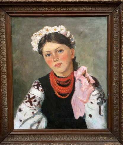 Oil painting portrait of Ukrainka, young woman in traditional attire