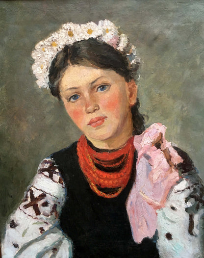 Oil painting portrait of Ukrainka in folk costume with daisy wreath