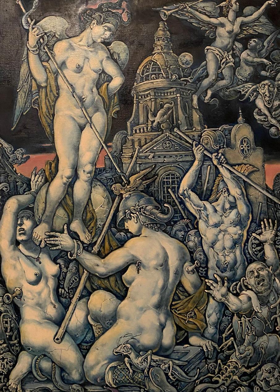 Oil painting Wars of Destruction by Oleg Litvinov: winged nude atop battle scene