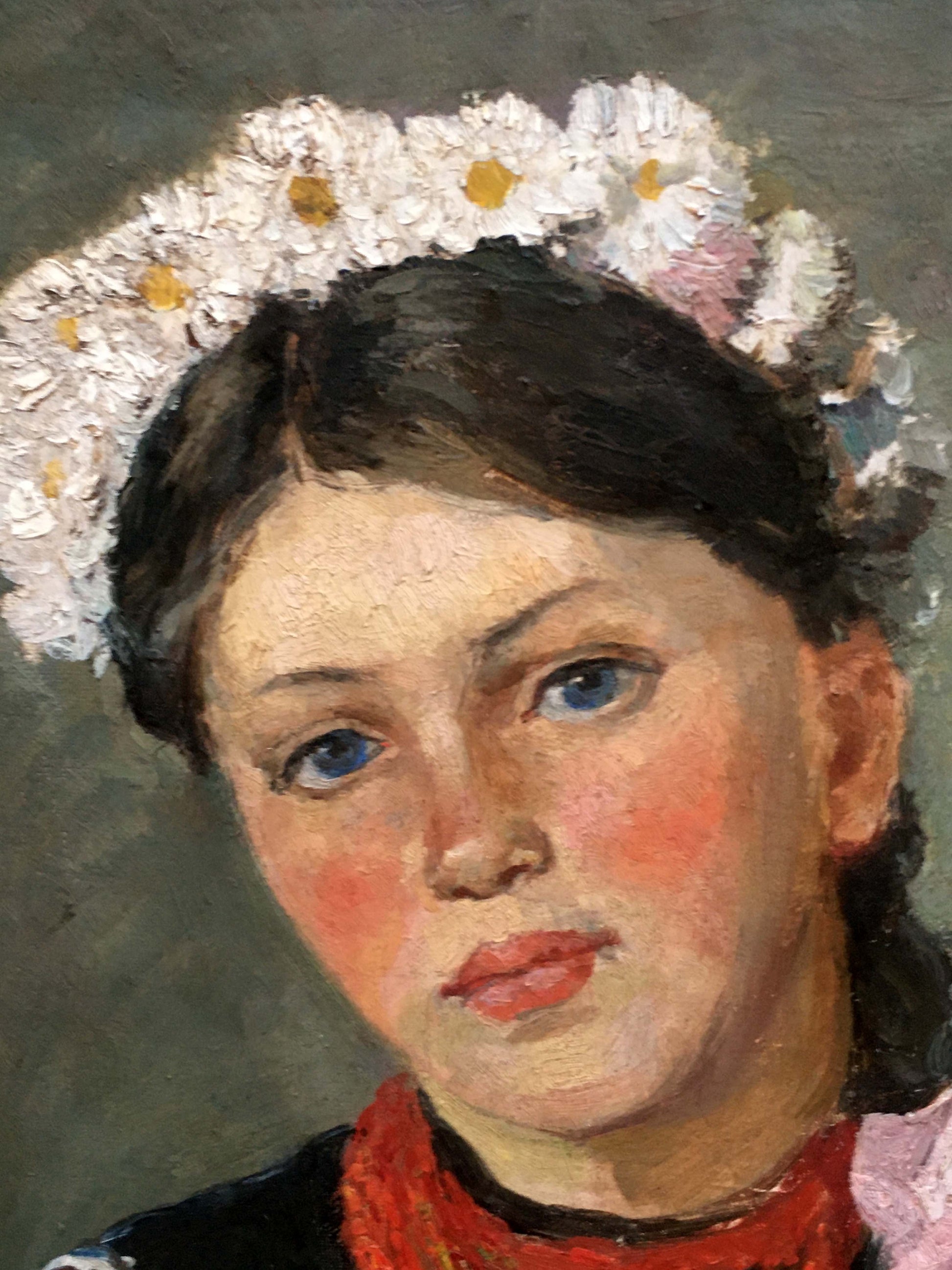 Oil painting portrait of Ukrainka, young girl with blue eyes and daisy wreath
