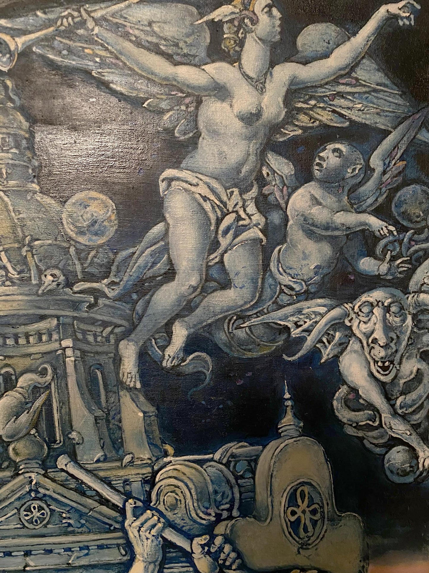 Monochromatic oil painting of winged female in Wars of Destruction by Oleg Litvinov