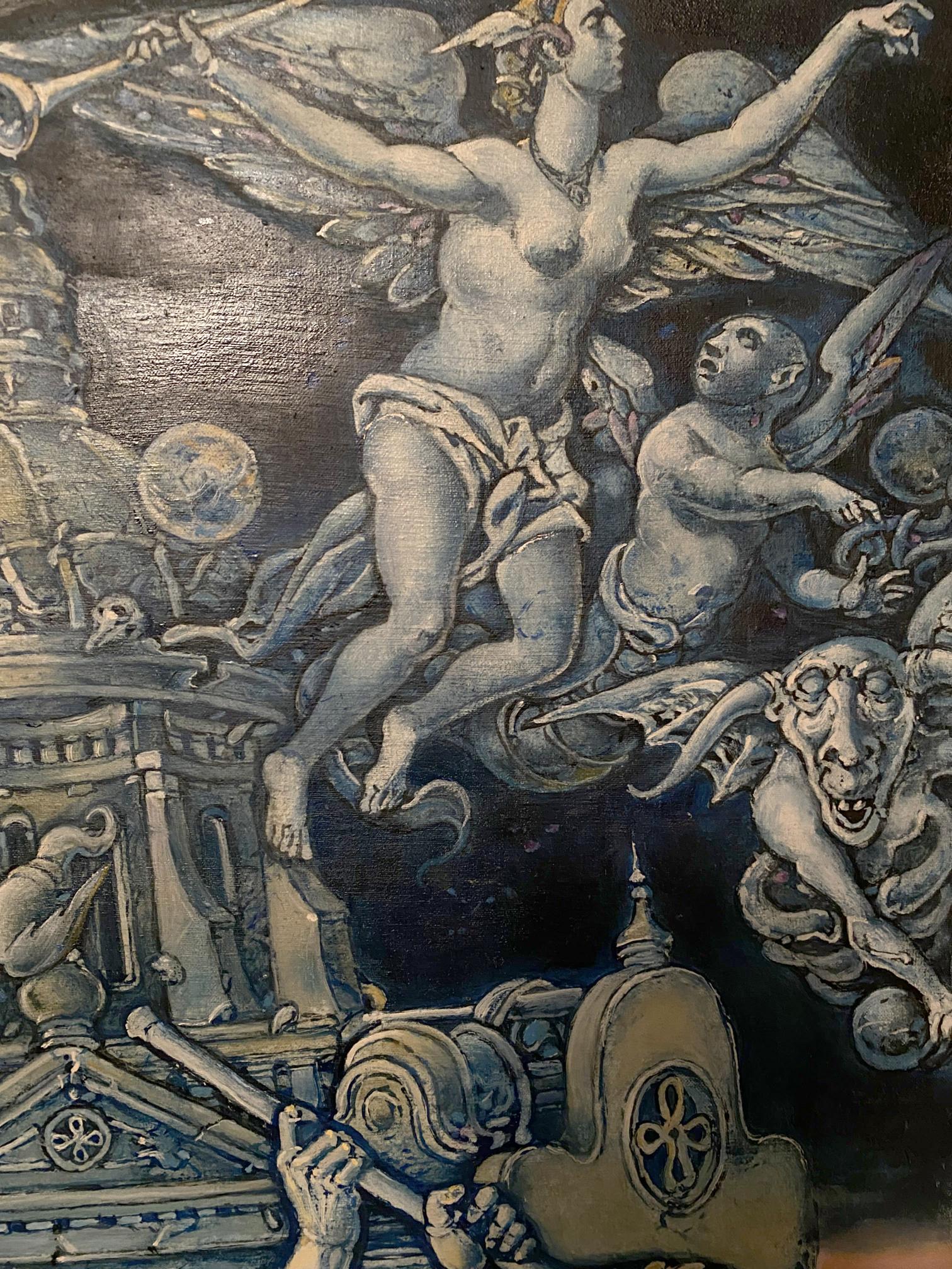 Monochromatic oil painting of winged female in Wars of Destruction by Oleg Litvinov