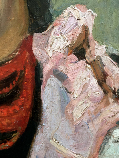 Textured impressionistic oil painting portrait of Ukrainka, soft pinks and whites