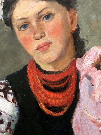 Vibrant red hand-knitted scarf with black stripes in Ukrainka oil portrait