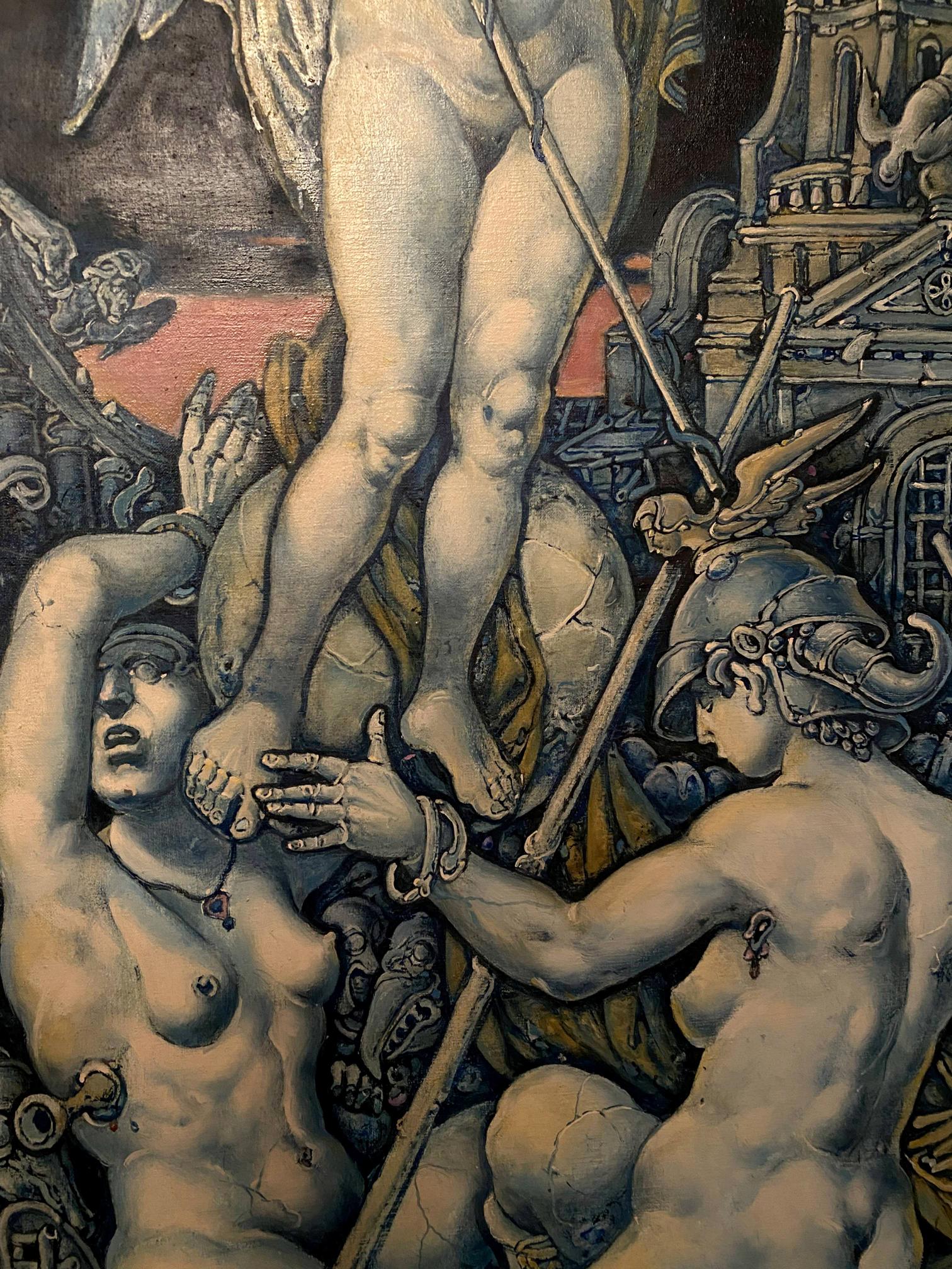 Oil painting Wars of Destruction by Oleg Litvinov, muscular figures in dramatic dark scene