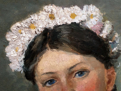 Oil painting portrait of Ukrainka with white daisy wreath in dark hair
