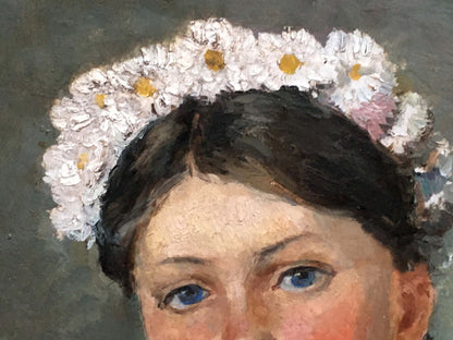 Oil painting of Ukrainka with delicate white daisy crown, textured yellow centers