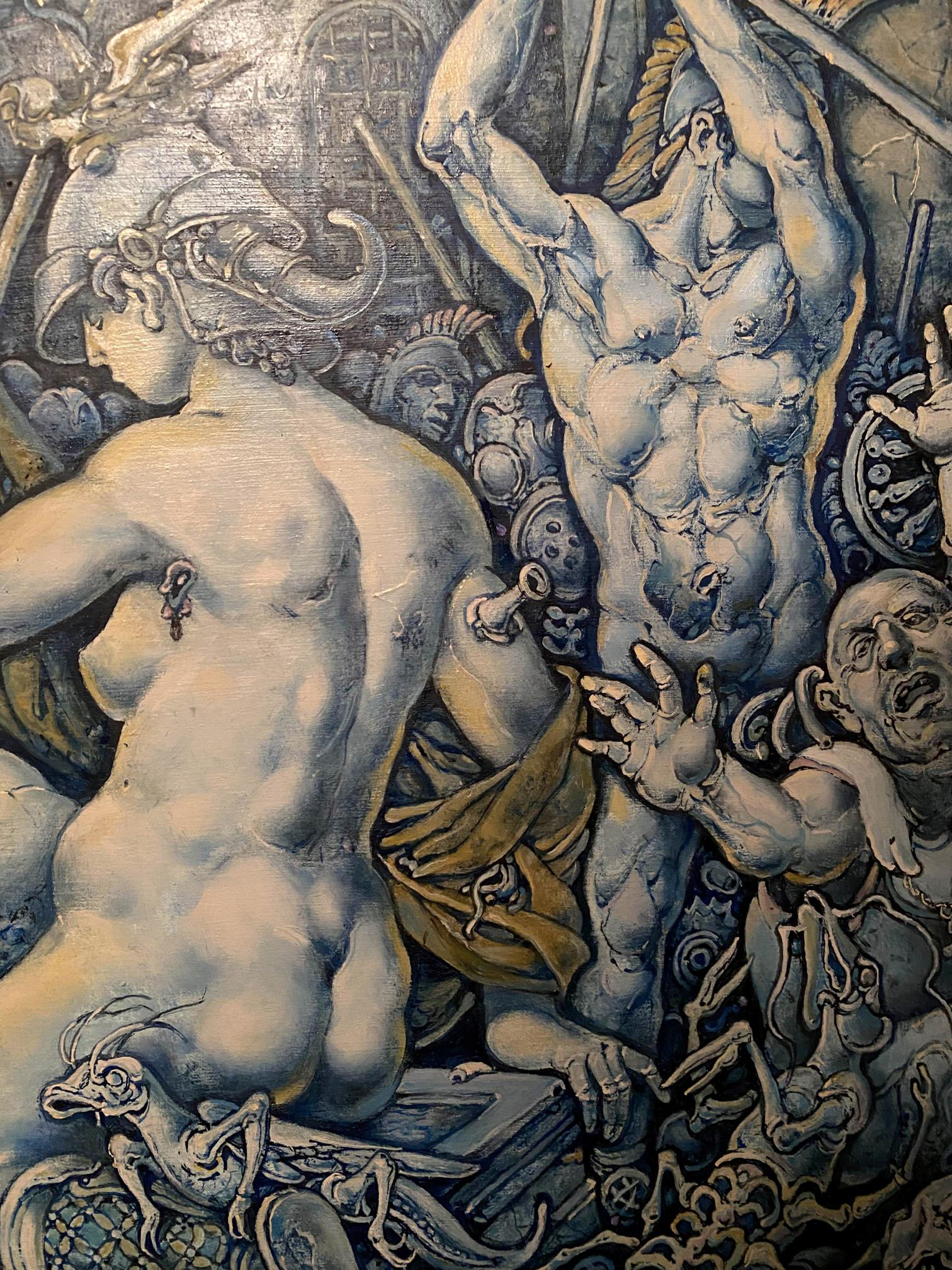 Monochromatic oil painting Wars of Destruction by Oleg Litvinov battle scene
