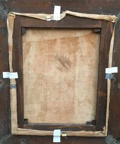 Back of dark wooden frame with beige fabric and labels for Oil painting Portrait of Ukrainka
