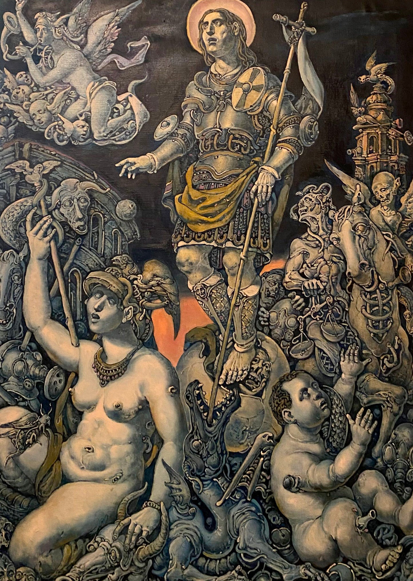 Oil painting Bringers of destruction by Oleg Litvinov: armored saint with halo