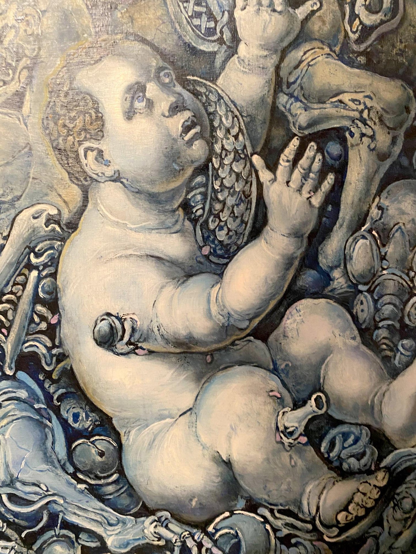 Monochromatic oil painting Bringers of Destruction by Oleg Litvinov, chubby child with curly hair