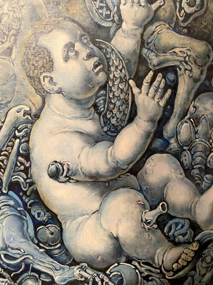 Monochromatic oil painting Bringers of Destruction by Oleg Litvinov, chubby child with curly hair