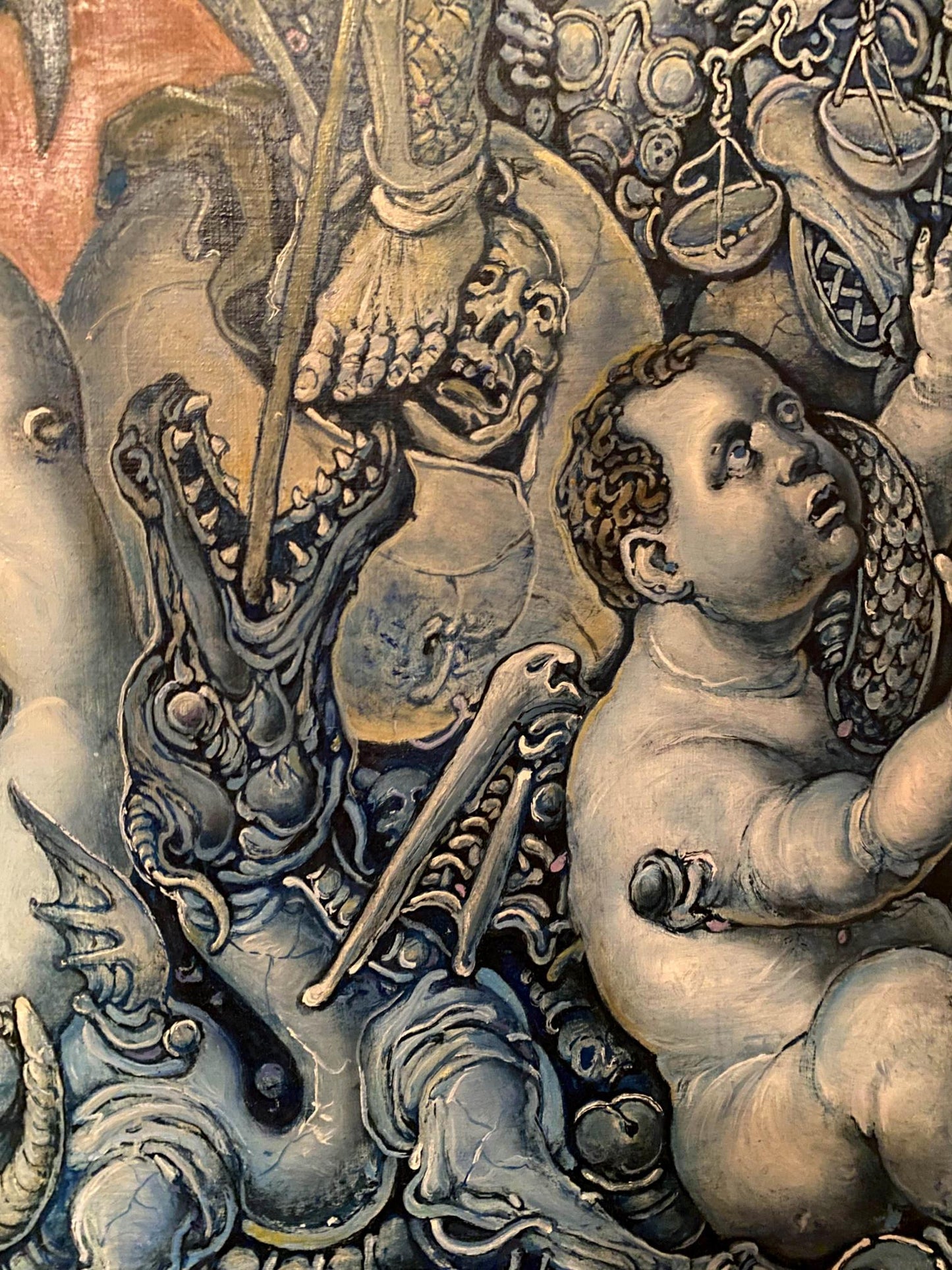 Monochromatic cherub relief in Oleg Litvinov Bringers of destruction oil painting