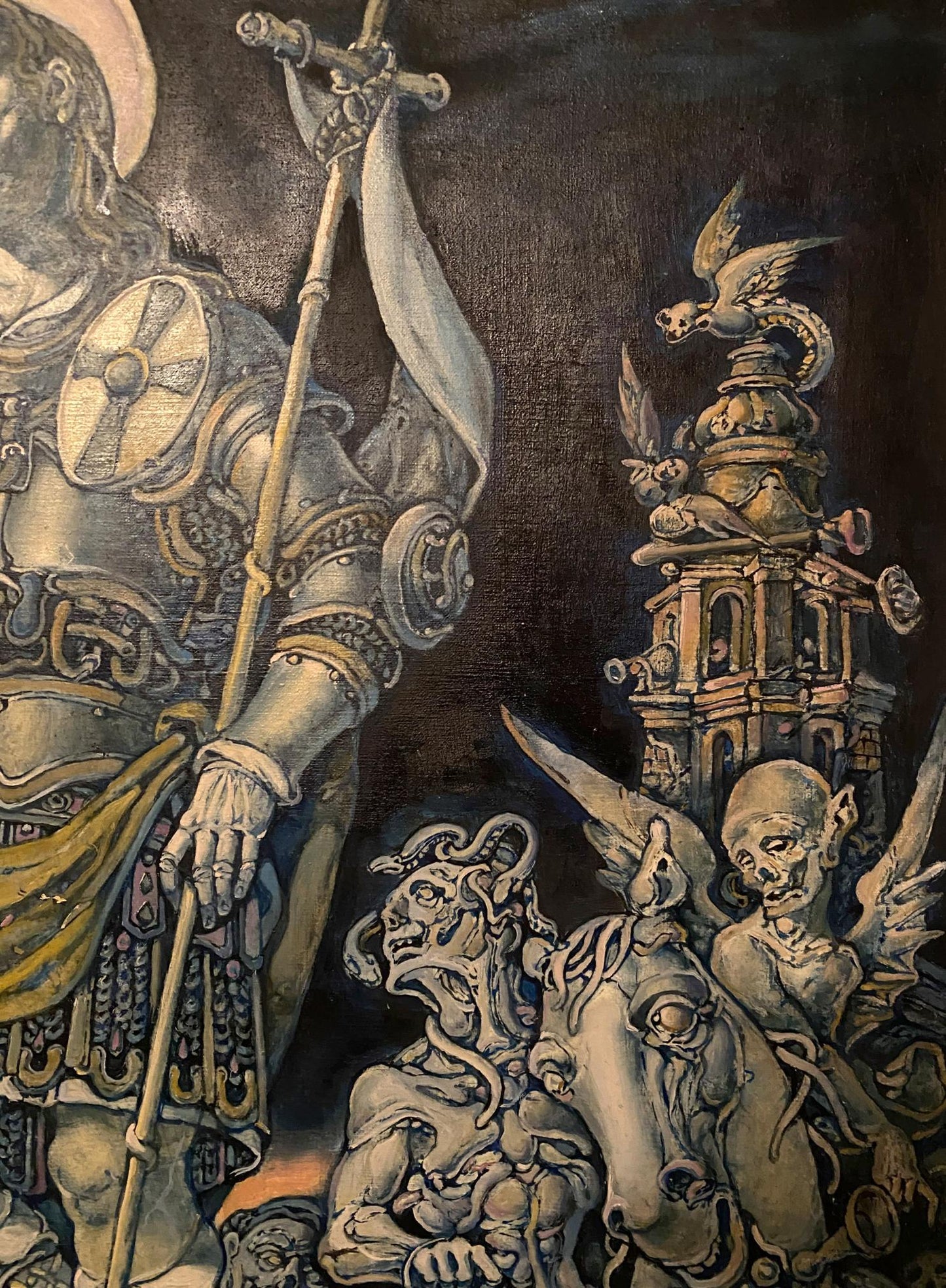 Oil painting Bringers of destruction by Oleg Litvinov: armored warrior with spear and banner