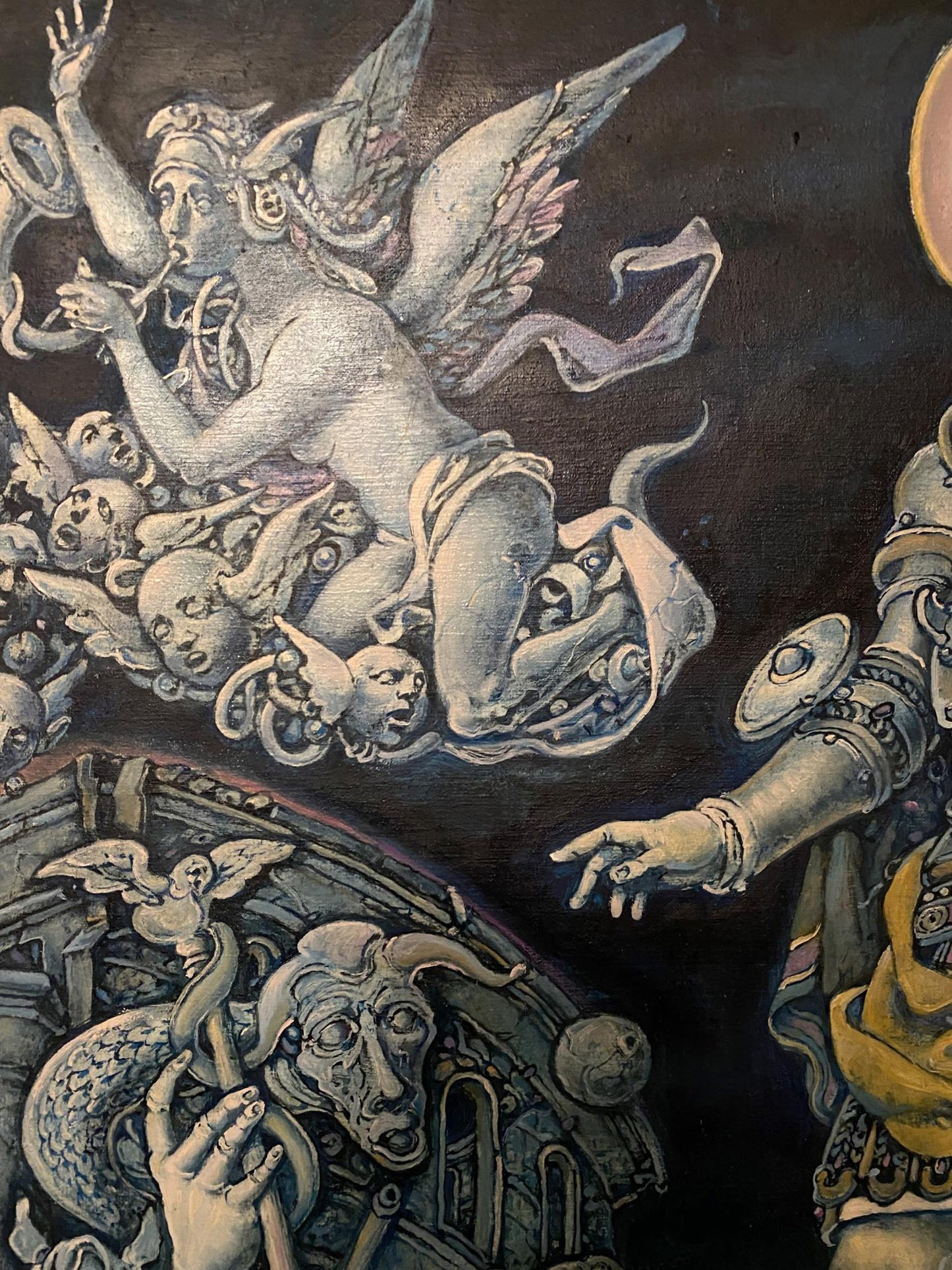 Detailed monochrome oil painting Bringers of Destruction by Oleg Litvinov, winged angel