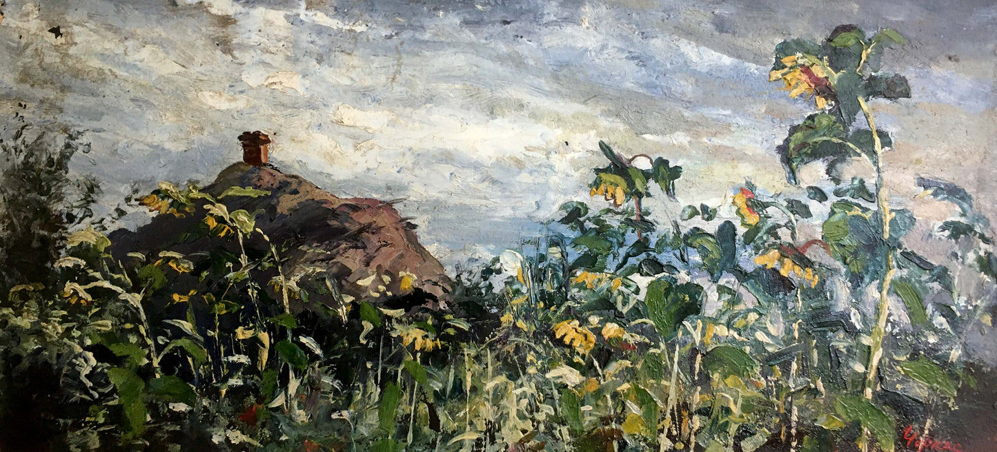 Oil painting by Cherkas A.G.: sunflowers field under cloudy sky with red chimney